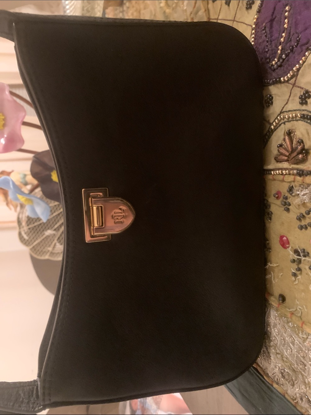 Ralph Lauren Black Leather Shoulder Bag with Gold-Tone Lock